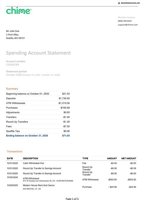 Chime Bank Statement