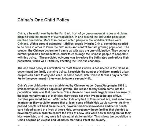 Read Online China39S One Child Policy Essay Papers 