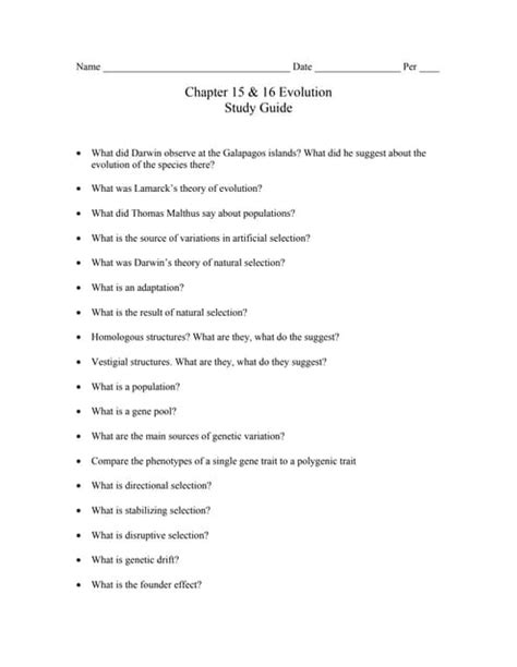 Chp 15 Evolution Study Guide Answer Key