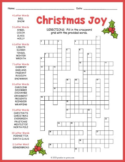 Christmas Crossword Fill In Puzzles To Print Christmas Crossword Puzzle For Kids - Christmas Crossword Puzzle For Kids