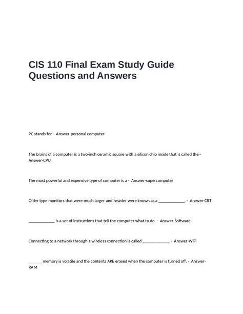 Read Online Cis 110 Final Exam Study Guide 