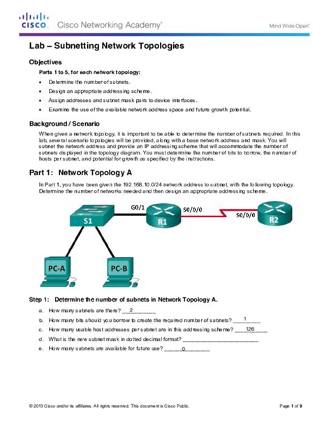 Cisco Lab Subnetting Network Topologies Answers