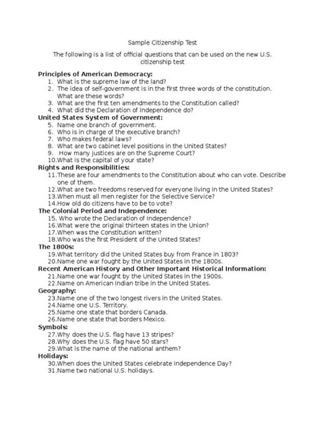 Citizenship Sample Test