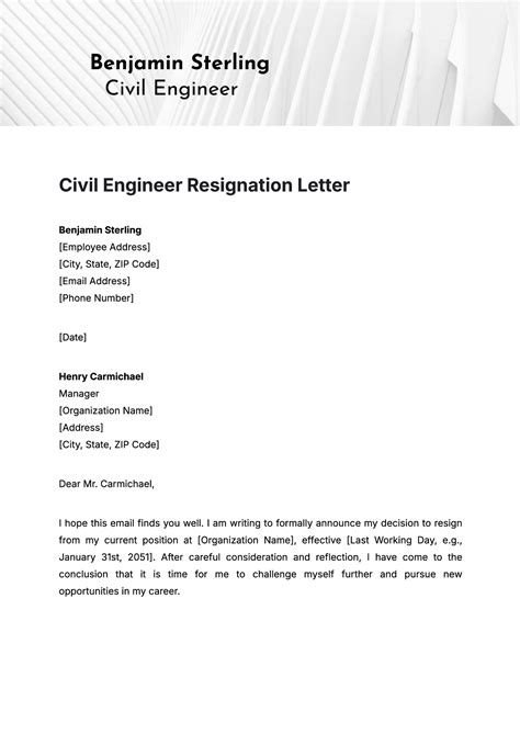 civil engineer resignation letter sample