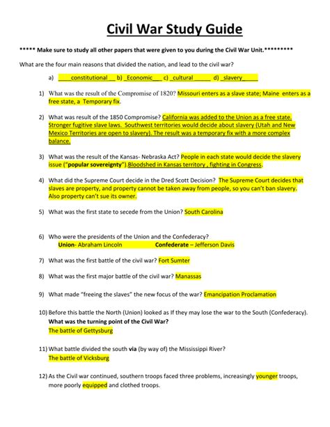 Civil War Study Guide 4th Grade