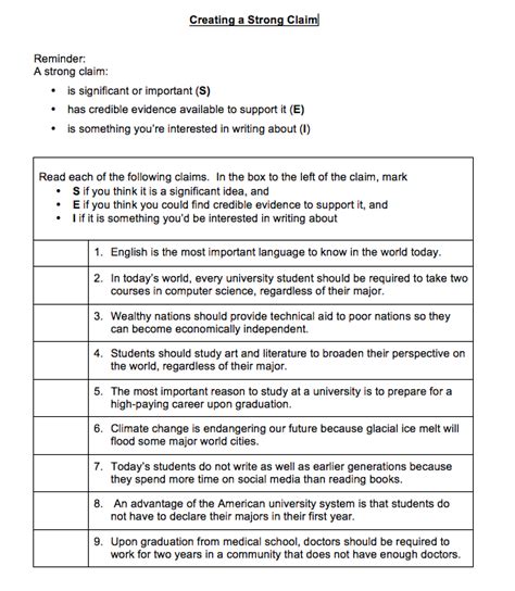 Claims Teaching Writing Boston University Writing A Claim Worksheet - Writing A Claim Worksheet