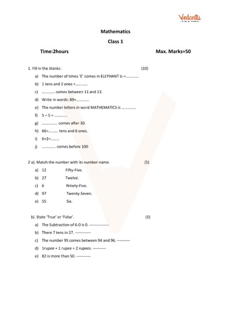 Class 1 Maths Paper