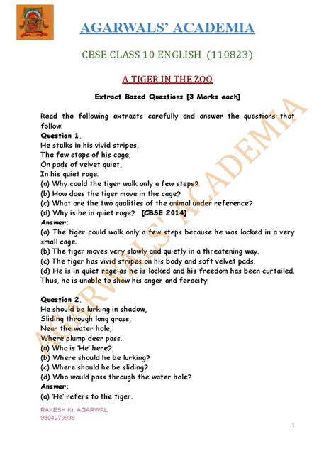 Class 10 A Tiger In The Zoo Question Answer