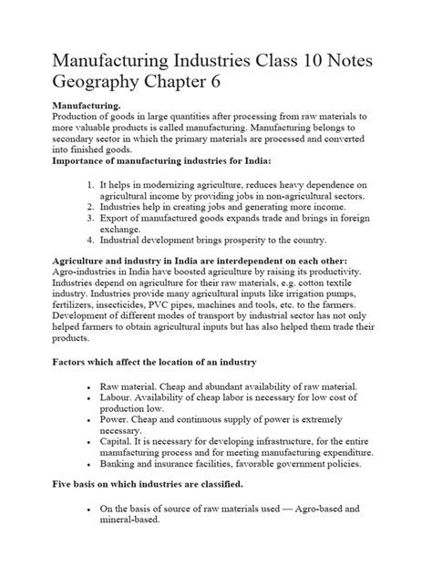 Class 10 Manufacturing Industries Notes
