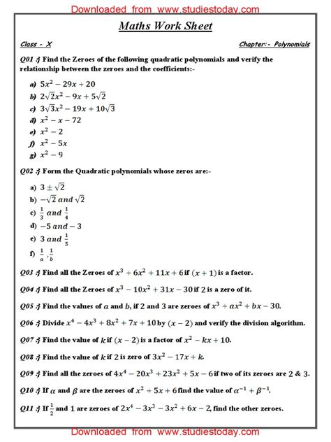 Class 10 Mathematics Polynomials Worksheets Cbse Ncert Solutions Polynomials Worksheet Grade 10 - Polynomials Worksheet Grade 10