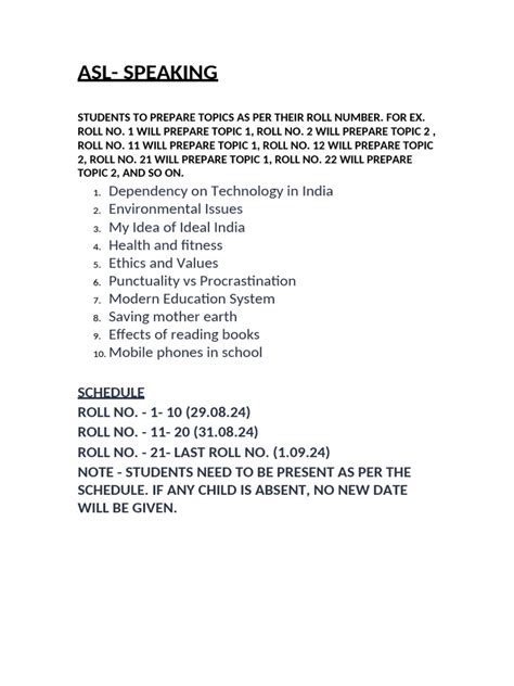 Class 12 Asl Topics