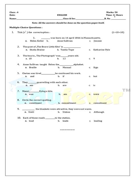 Class 4 English Question Paper Pdf
