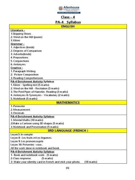 Class 4 Syllabus For The Year 2017 2018 Autumn Term