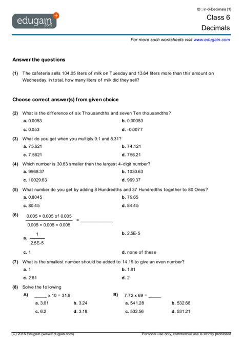 Class 6 Decimals Worksheet Pdf Decimals Worksheet For Grade 6 - Decimals Worksheet For Grade 6