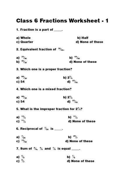 Class 6 Fractions Worksheet