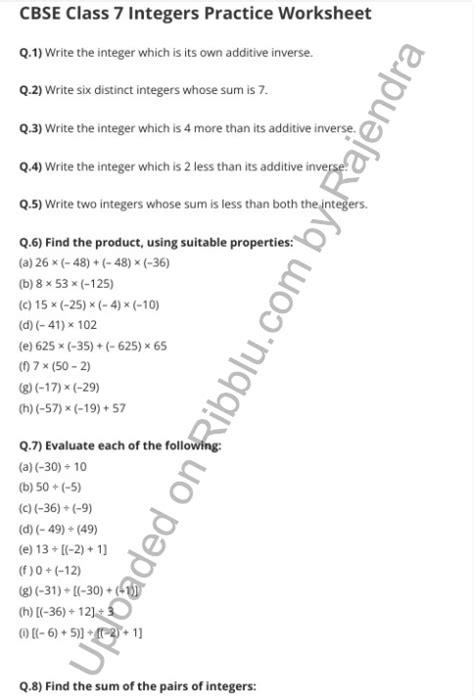 Class 7 Integers Worksheet
