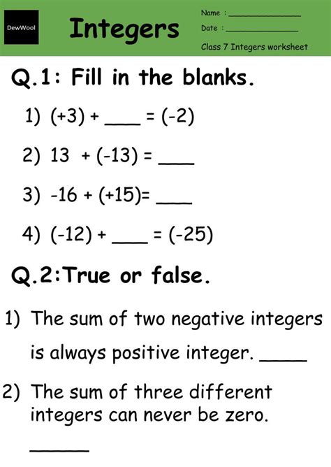Class 7 Mathematics Integers Worksheets Cbse Ncert Solutions Integers Worksheets Grade 7 - Integers Worksheets Grade 7
