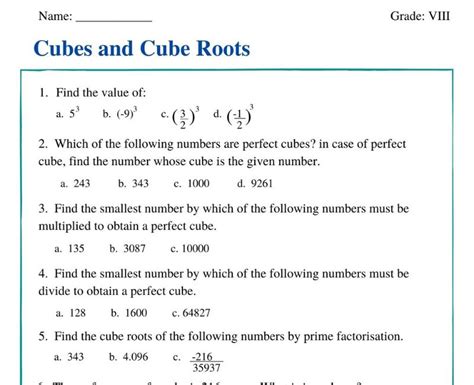 Class 8 Cubes And Cube Roots Worksheets Perfect Cubes Worksheet - Perfect Cubes Worksheet