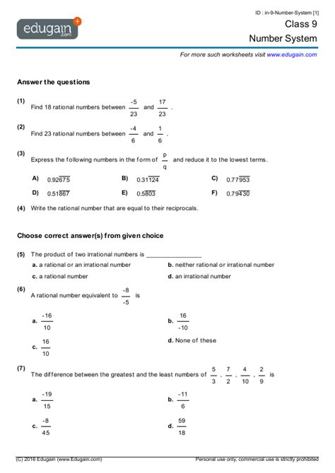 Class 9 Mathematics Worksheets Download Pdf With Solutions Grade 9 Math Worksheets - Grade 9 Math Worksheets