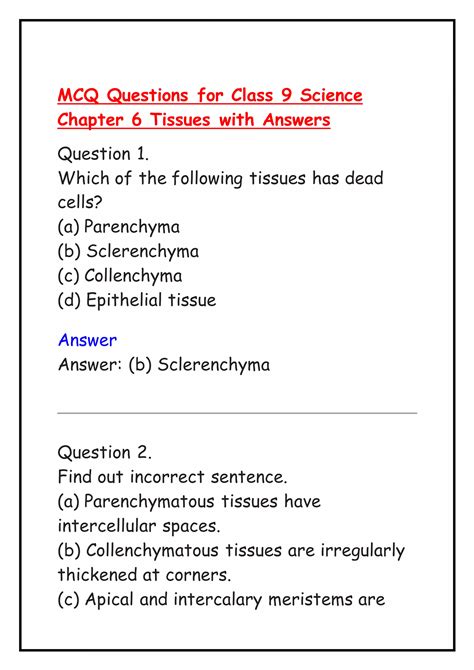 Class 9 Tissue Mcq