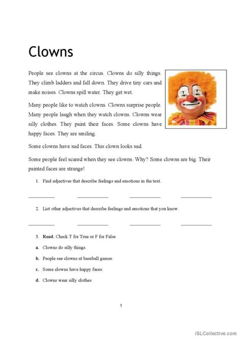class clown comprehension activities