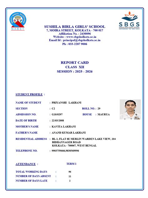 class xii report card