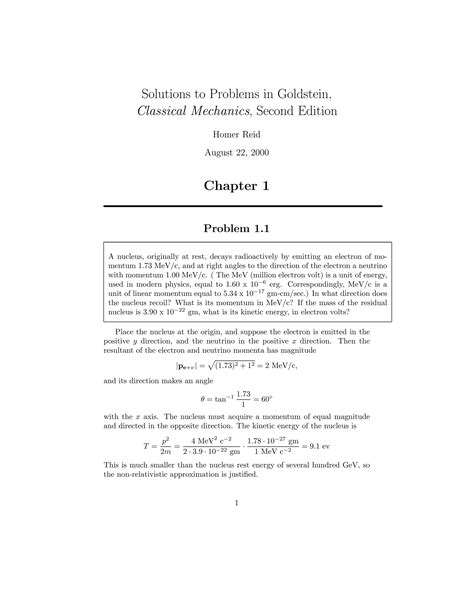 Classical Mechanics Goldstein Problem Solutions