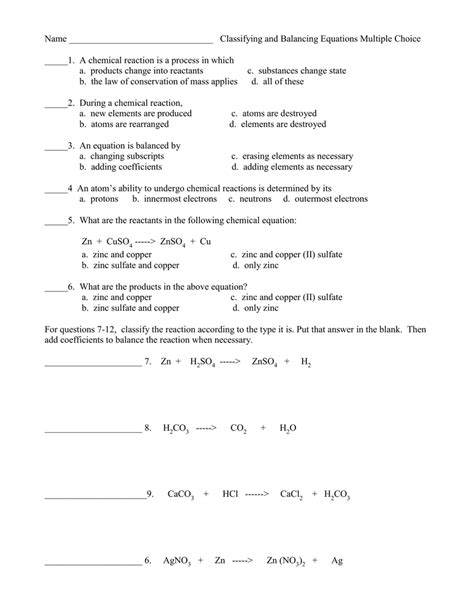 Classifying And Balancing Equations Multiple Choice Answers
