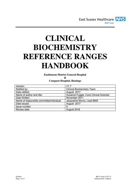 Full Download Clinical Biochemistry Reference Ranges Handbook Esht Nhs 