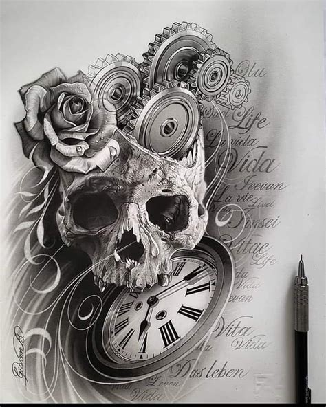 Clock And Skull Tattoo Drawing