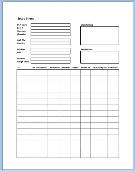 Cnc Tooling Setup Sheet Excel