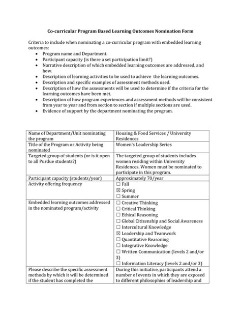 Full Download Co Curricular Program Based Learning Outcomes Nomination Form 