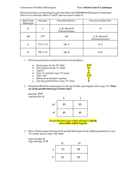 Codominance Worksheet Blood Types Answers   Blood Typing Lab Answers Free Download On Line - Codominance Worksheet Blood Types Answers