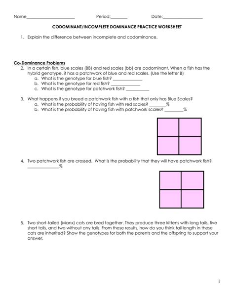 Codominant Incomplete Dominance Practice Worksheet Answer Key Fish