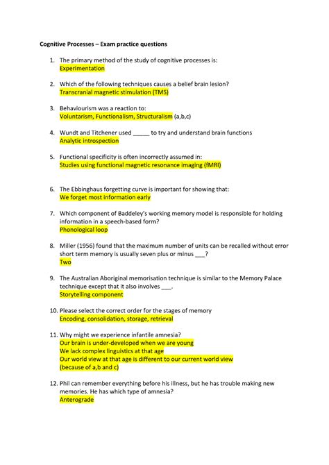 Cognitive Processes Sample Questions And Answers