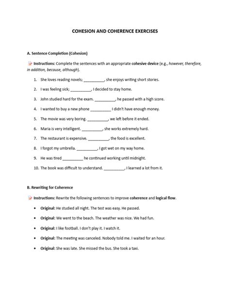 Cohesion Exercise With Answers