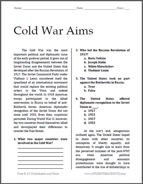 Cold War Aims Reading With Questions Student Handouts Cold War Worksheet Answers - Cold War Worksheet Answers