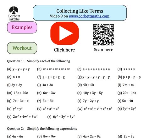 Collecting Like Terms Practice Questions Corbettmaths Simplifying Linear Expressions Worksheet Answers - Simplifying Linear Expressions Worksheet Answers