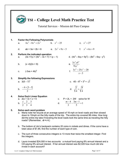 Read College Math Assessment Test Study Guide 