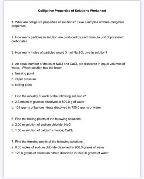 Colligative Properties Of Solutions Worksheet Answers
