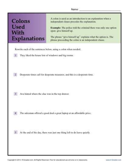 Colons Used With Explanations Punctuation Worksheets Colon Worksheet High School - Colon Worksheet High School
