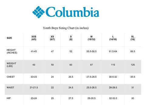 Columbia Sizing Chart Youth