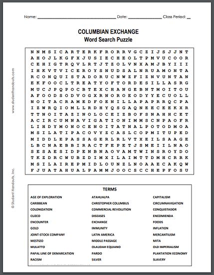 Columbian Exchange Word Search Puzzle Student Handouts Columbian Exchange Worksheet Answers - Columbian Exchange Worksheet Answers