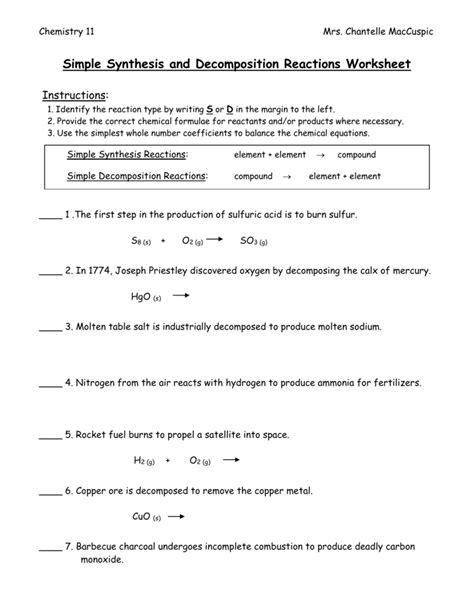 Combination Reactions Synthesis And Decomposition Worksheet Key Synthesis And Decomposition Reactions Worksheet Answers - Synthesis And Decomposition Reactions Worksheet Answers