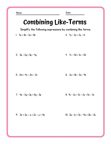 Combine Like Terms Worksheet