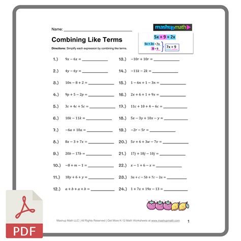 Combine Like Terms Worksheet Answer