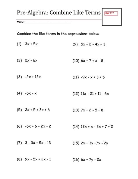 Read Online Combine Like Terms Worksheet Answer 