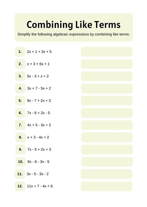 Combining Like Terms Worksheet