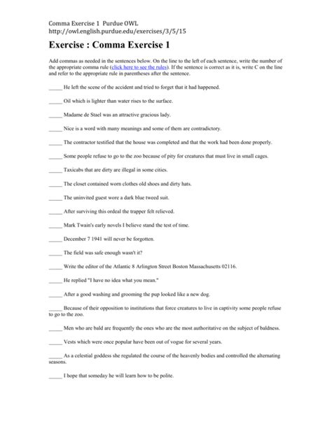 Comma Exercise 1 Purdue Owl Purdue University Practice With Commas Worksheet - Practice With Commas Worksheet