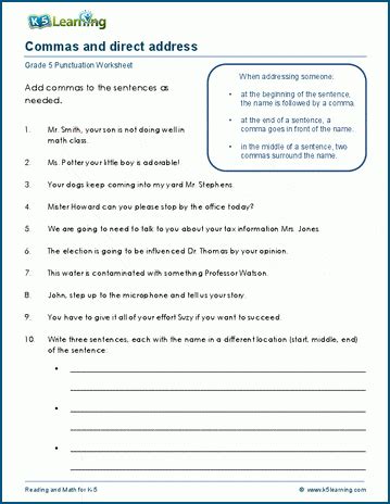 Commas And Direct Address Comma Worksheets Address Punctuation Worksheet 4th Grade - Address Punctuation Worksheet 4th Grade
